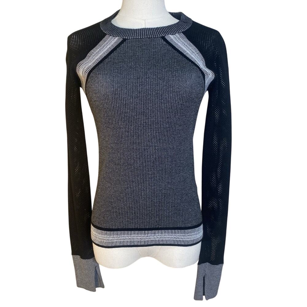 DKNY Women’s XS Black And White Sweater with Fish Net Mesh Sleeves